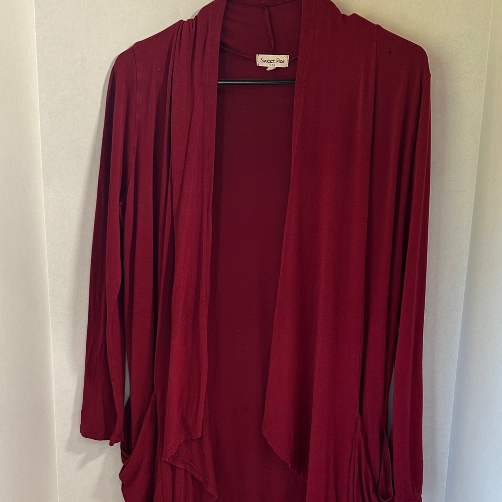 Sweet pea burgundy open front cardigan with pockets size medium